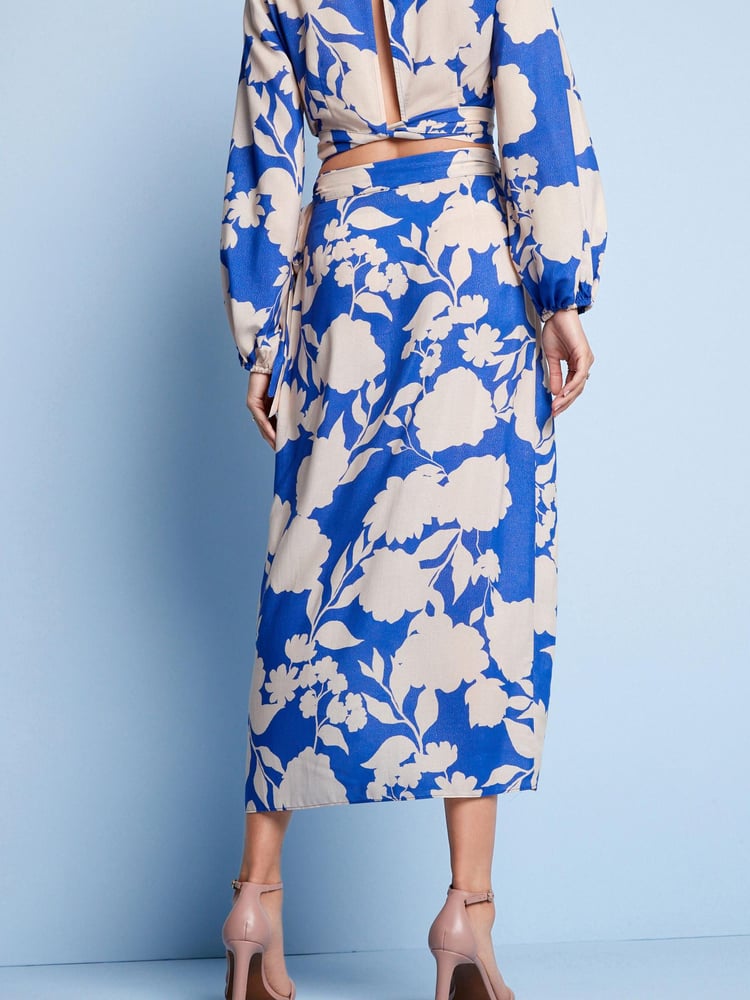 Blue Floral Satin Wrap Midi Skirt - Image 2 of 5 Blue Floral Satin Wrap Midi Skirt - Image 2 of 5