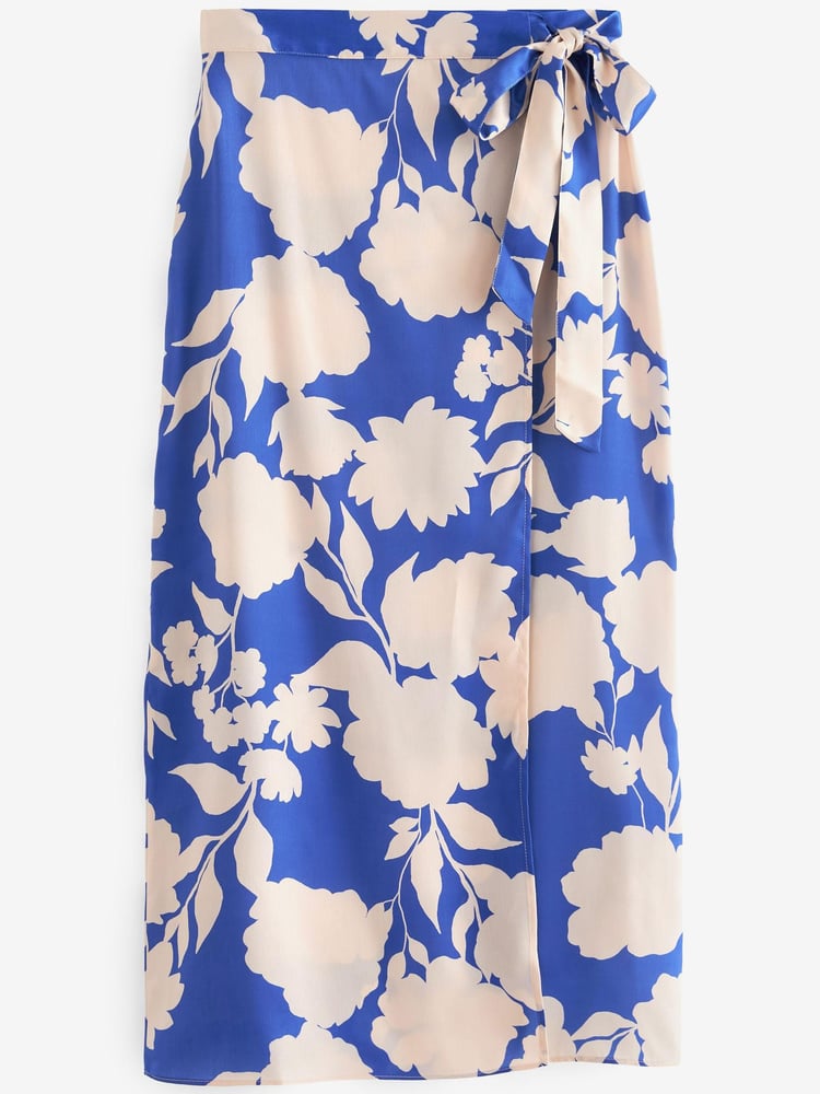 Blue Floral Satin Wrap Midi Skirt - Image 5 of 5 Blue Floral Satin Wrap Midi Skirt - Image 5 of 5