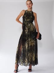 Religion Black Halterneck Maxi Dress In Beautiful Golden and Black Print - Image 1 of 5