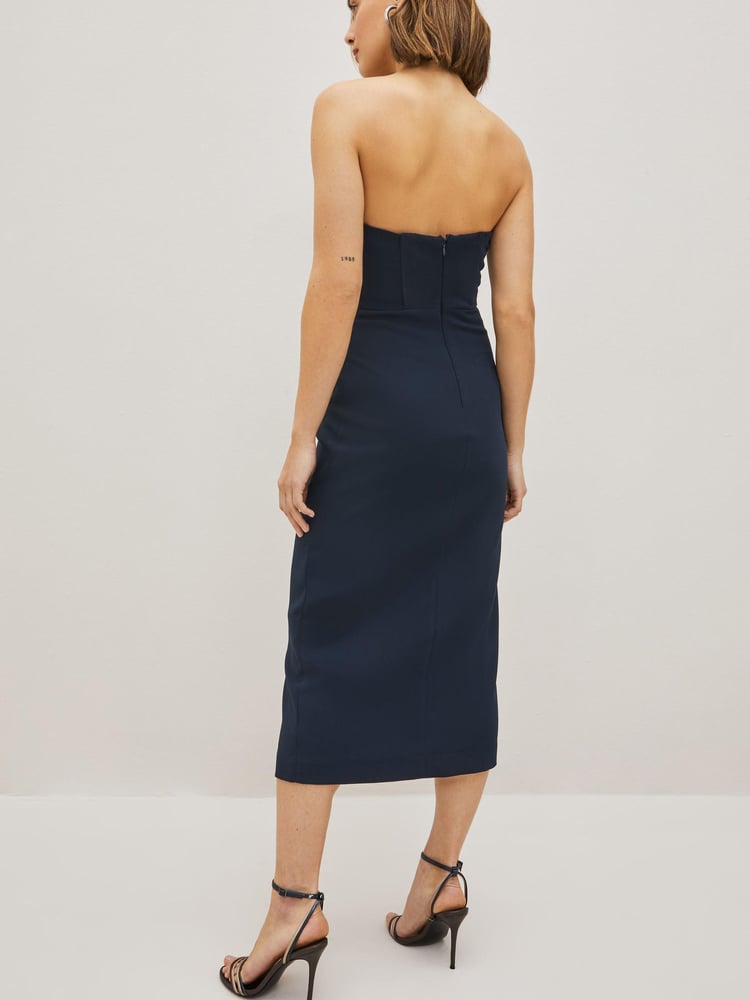 Navy Blue Strapless Fitted Dress - Image 2 of 4