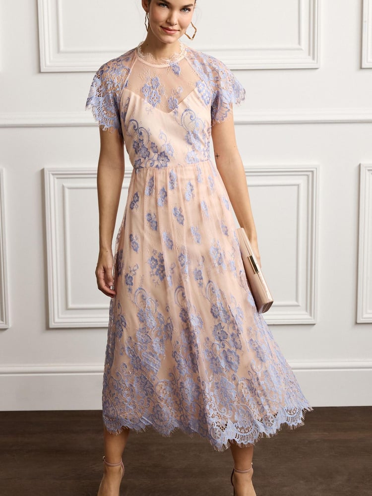 Light Blue/Peach Pink Floral Lace High Neck Short Sleeve Midi Dress - Image 1 of 6