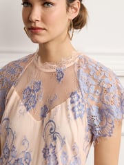 Light Blue/Peach Pink Floral Lace High Neck Short Sleeve Midi Dress - Image 4 of 6