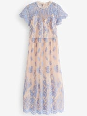 Light Blue/Peach Pink Floral Lace High Neck Short Sleeve Midi Dress - Image 6 of 6