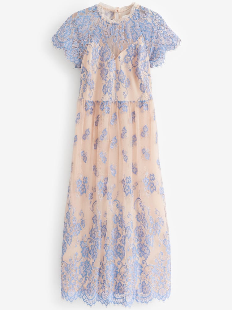 Light Blue/Peach Pink Floral Lace High Neck Short Sleeve Midi Dress - Image 6 of 6