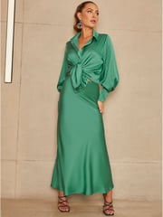 Chi Chi London Green Satin Wrap Midi Skirt - Image 1 of 4