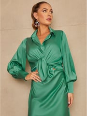 Chi Chi London Green Satin Wrap Midi Skirt - Image 2 of 4