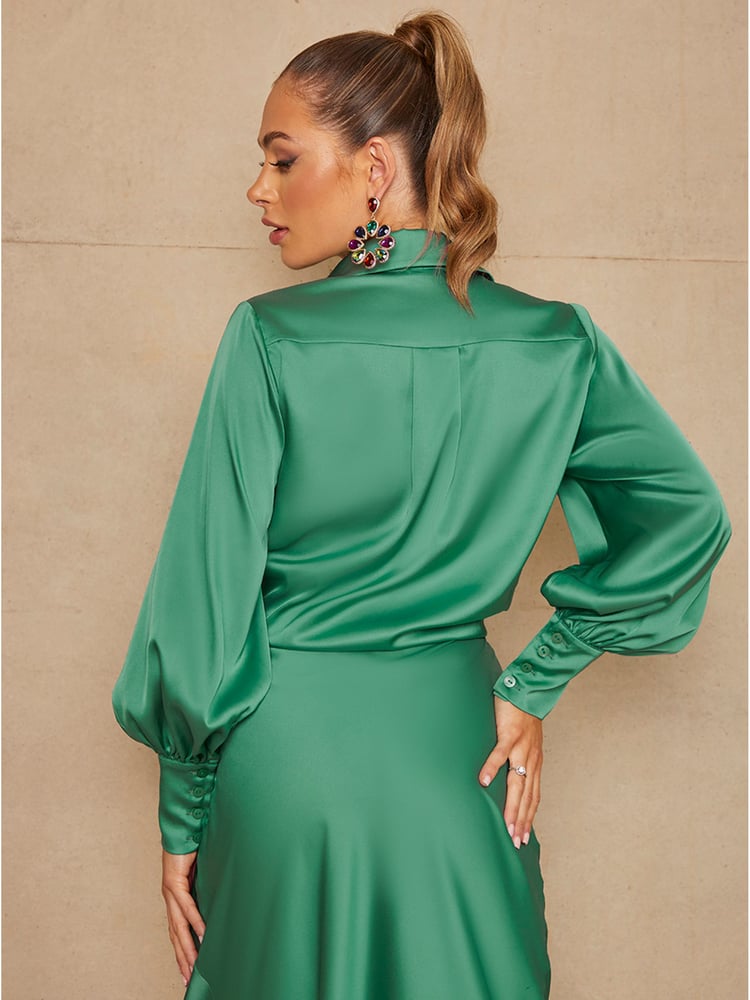 Chi Chi London Green Satin Wrap Midi Skirt - Image 4 of 4