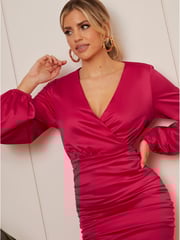 Chi Chi London Pink Satin Shirred Detail Mini Dress - Image 4 of 4