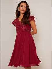 Chi Chi London Red V-Neck Embroidered Midi Dress - Image 3 of 5