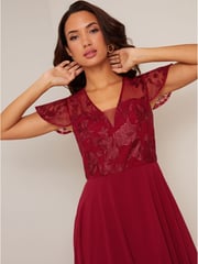 Chi Chi London Red V-Neck Embroidered Midi Dress - Image 4 of 5