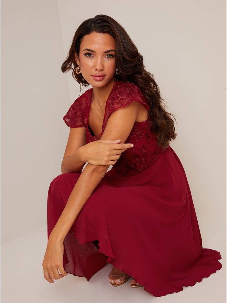 Chi Chi London Red V-Neck Embroidered Midi Dress - Image 5 of 5