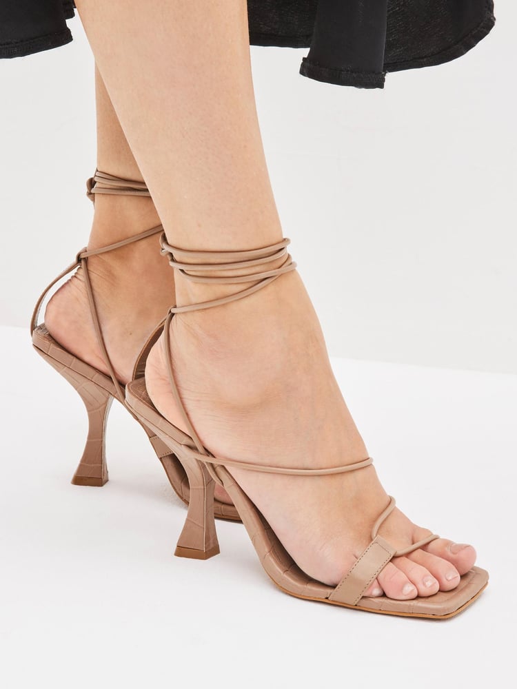 Mink Brown Signature Leather Strappy Square Toe Heels - Image 2 of 6