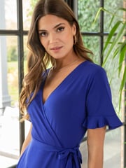 Pour Moi Blue Birdie Frill Dress - Image 3 of 5