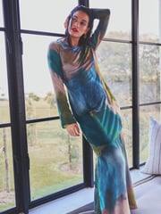 Blue Digital Abstract Print Long Sleeve Column Maxi Dress - Image 1 of 1