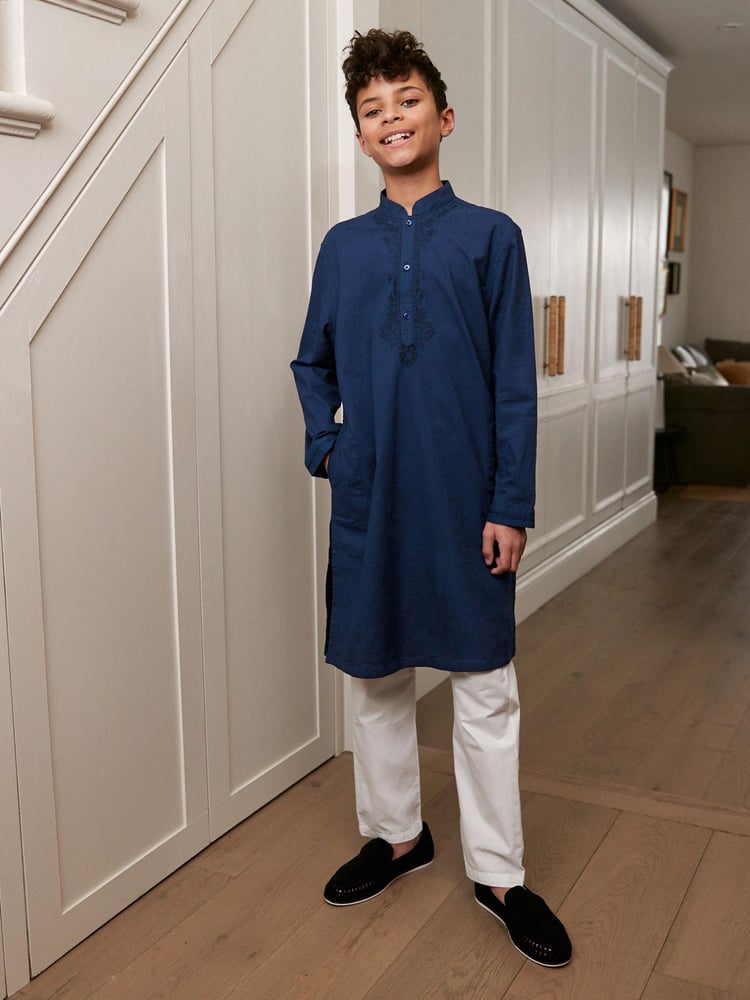 Navy Blue Regular Length Embroidered Boys Kurta (3-16yrs) - Image 1 of 7 Navy Blue Regular Length Embroidered Boys Kurta (3-16yrs) - Image 1 of 7