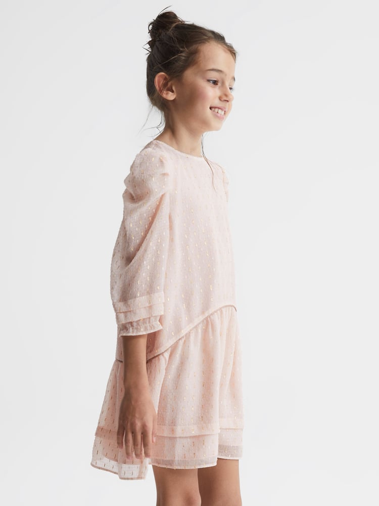 Reiss Pink Rose 9-12 yrs Ruched Shoulder Metallic Detail Dress - Image 1 of 8