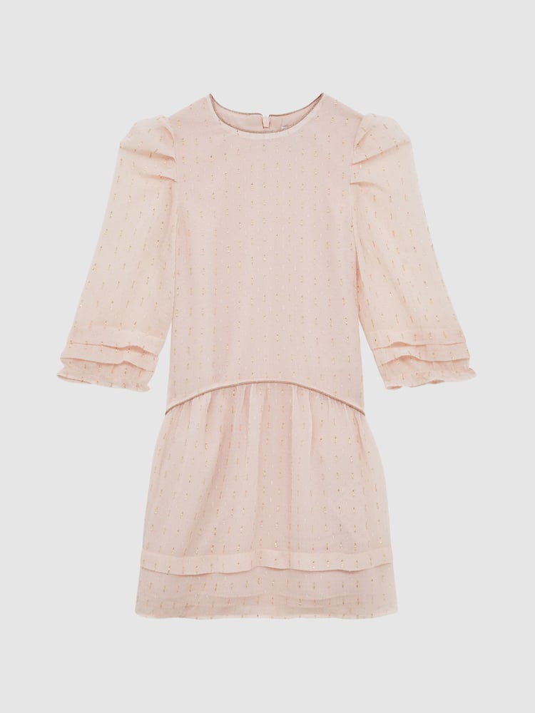 Reiss Pink Rose 9-12 yrs Ruched Shoulder Metallic Detail Dress - Image 2 of 8
