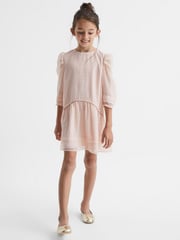 Reiss Pink Rose 9-12 yrs Ruched Shoulder Metallic Detail Dress - Image 3 of 8