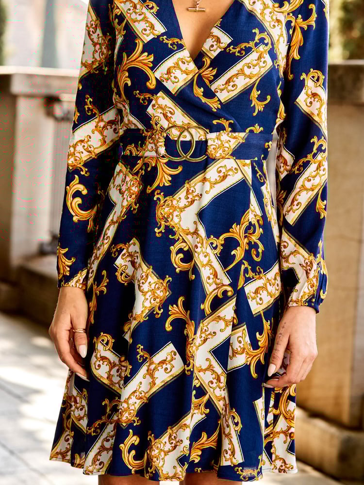 Sosandar Blue Baroque Print Belted Fit & Flare Dress - Image 5 of 5