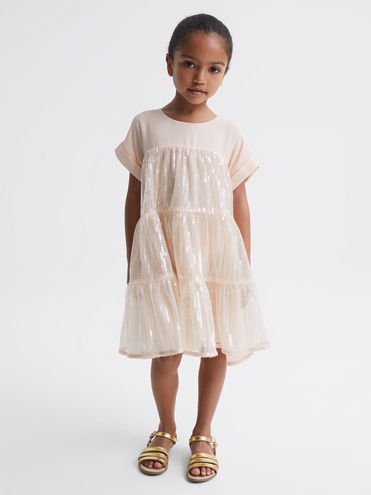 Reiss Pale Pink Luci 4-9 yrs Sequin Tiered Dress - Image 1 of 6
