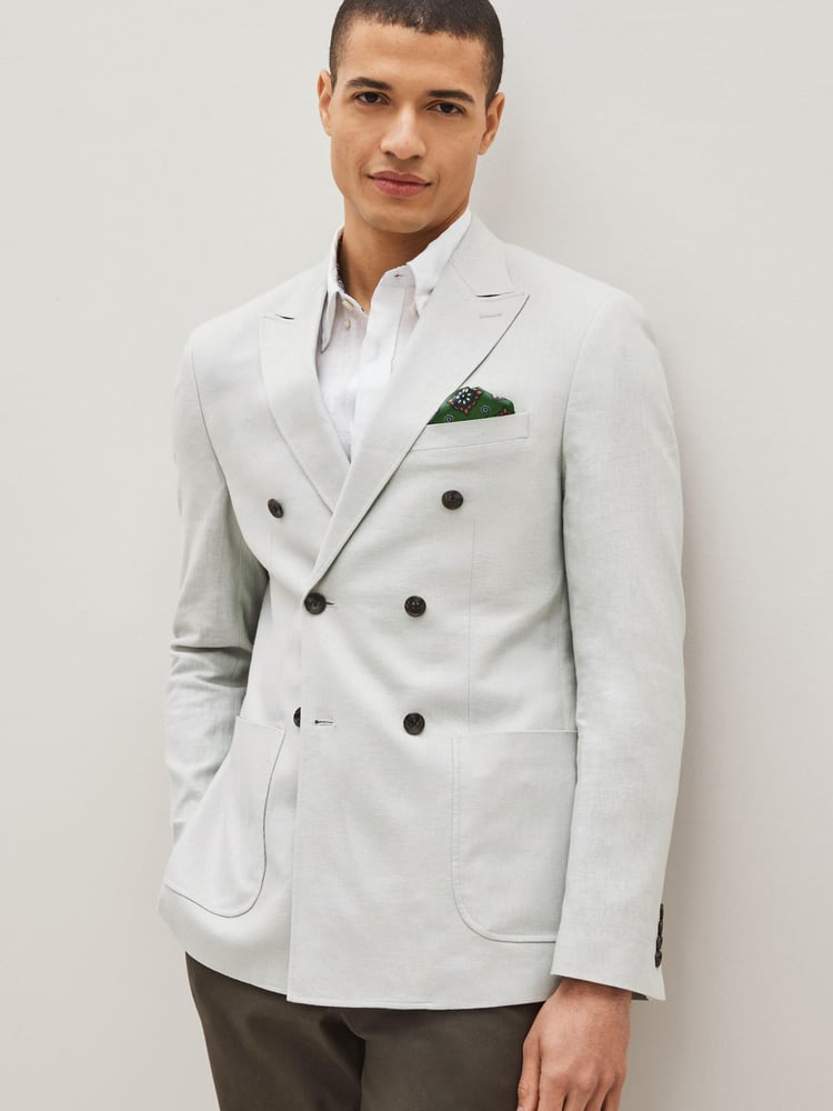Light Grey Double Breasted Linen Blend Blazer - Image 1 of 8