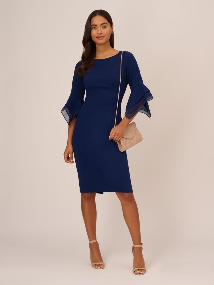 Adrianna Papell Blue Knit Crepe Tiered Sleeve Dress - Image 2 of 5