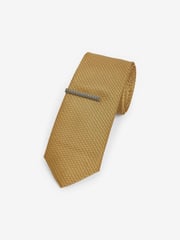 Mustard Yellow Slim Textured Tie And Clip Set - Image 1 of 3