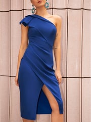 Chi Chi London Blue One Shoulder Wrap Detail Midi Dress - Image 1 of 5