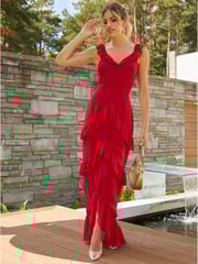Chi Chi London Red V-Neck Sleeveless Ruffle Detail Dobby Maxi Dress - Image 1 of 4