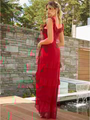 Chi Chi London Red V-Neck Sleeveless Ruffle Detail Dobby Maxi Dress - Image 2 of 4