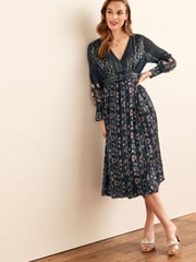 Navy Blue Floral Sparkle Wrap Belted Midi Dress - Image 1 of 5