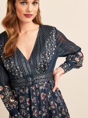 Navy Blue Floral Sparkle Wrap Belted Midi Dress - Image 3 of 5