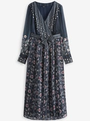 Navy Blue Floral Sparkle Wrap Belted Midi Dress - Image 5 of 5