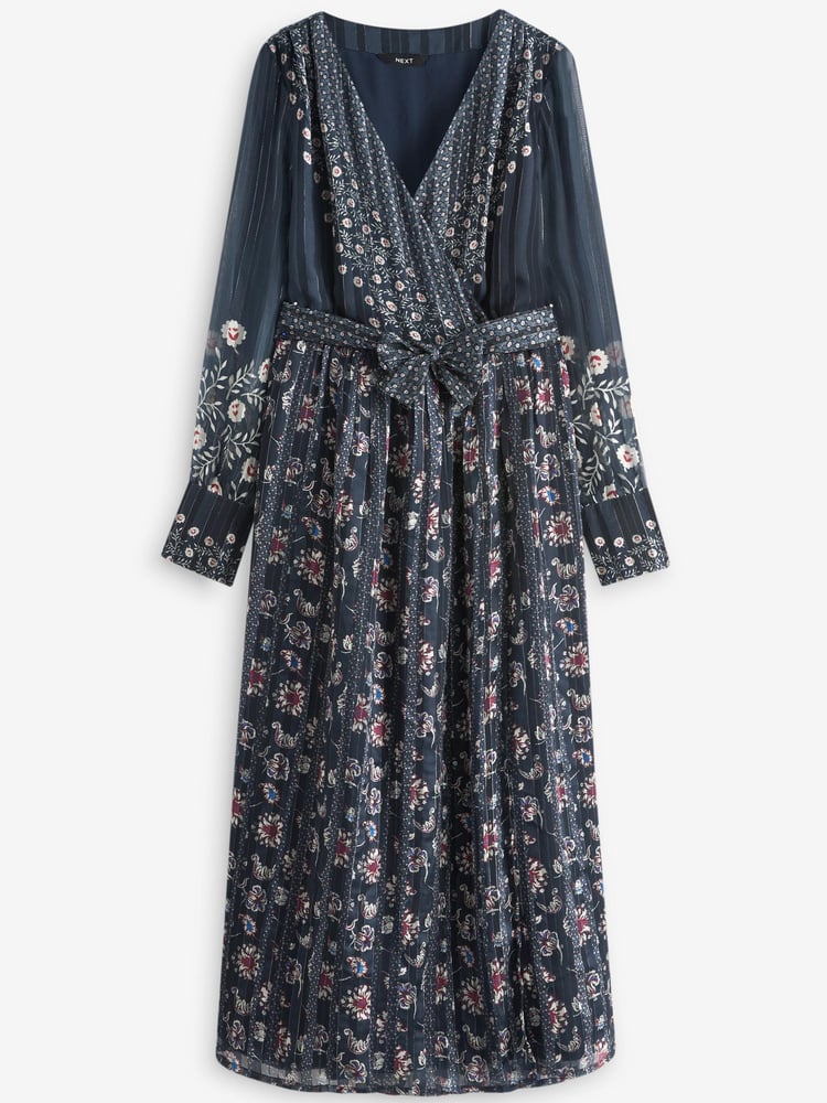 Navy Blue Floral Sparkle Wrap Belted Midi Dress - Image 5 of 5