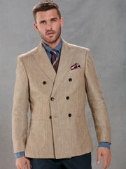 Neutral Herringbone Double Breasted Slim Signature Leomaster Linen Blazer - Image 1 of 12