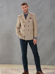 Neutral Herringbone Double Breasted Slim Signature Leomaster Linen Blazer - Image 2 of 12