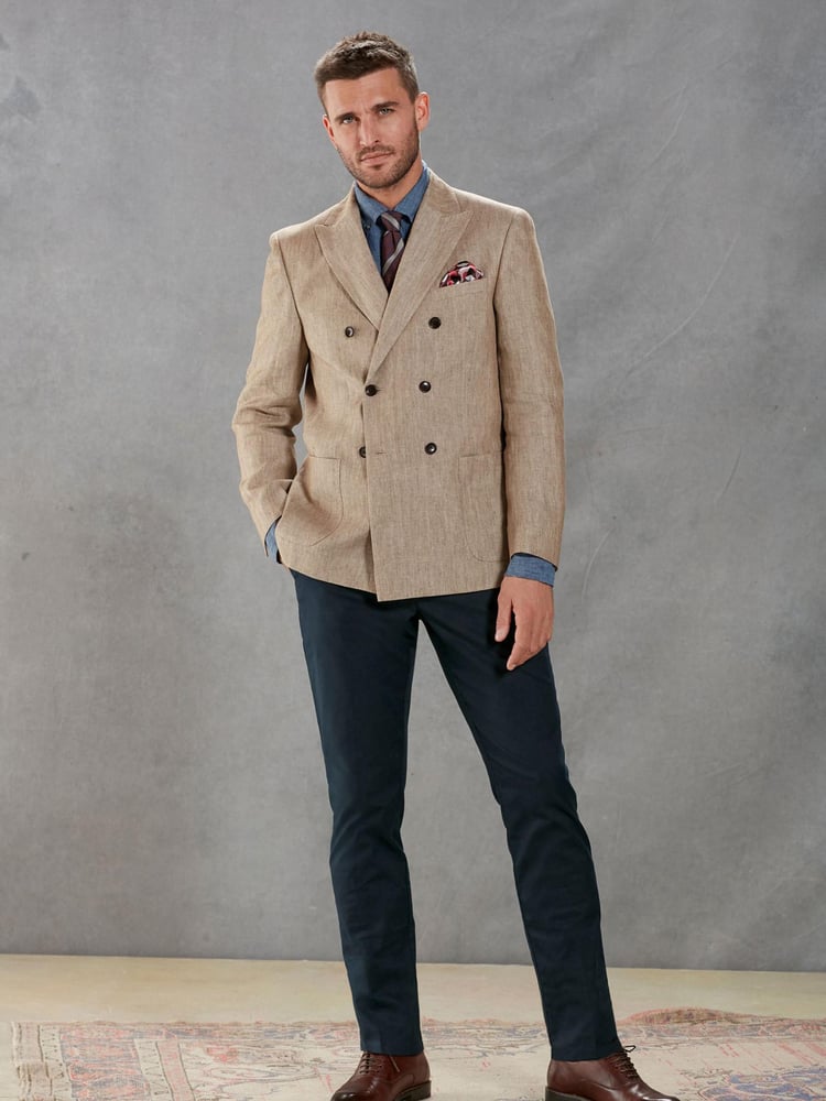 Neutral Herringbone Double Breasted Slim Signature Leomaster Linen Blazer - Image 2 of 12
