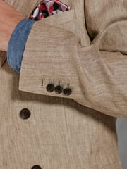 Neutral Herringbone Double Breasted Slim Signature Leomaster Linen Blazer - Image 5 of 12