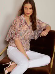 Blush Pink Tie Waist Flutter Short Sleeve Sparkle Blouse - Image 1 of 4