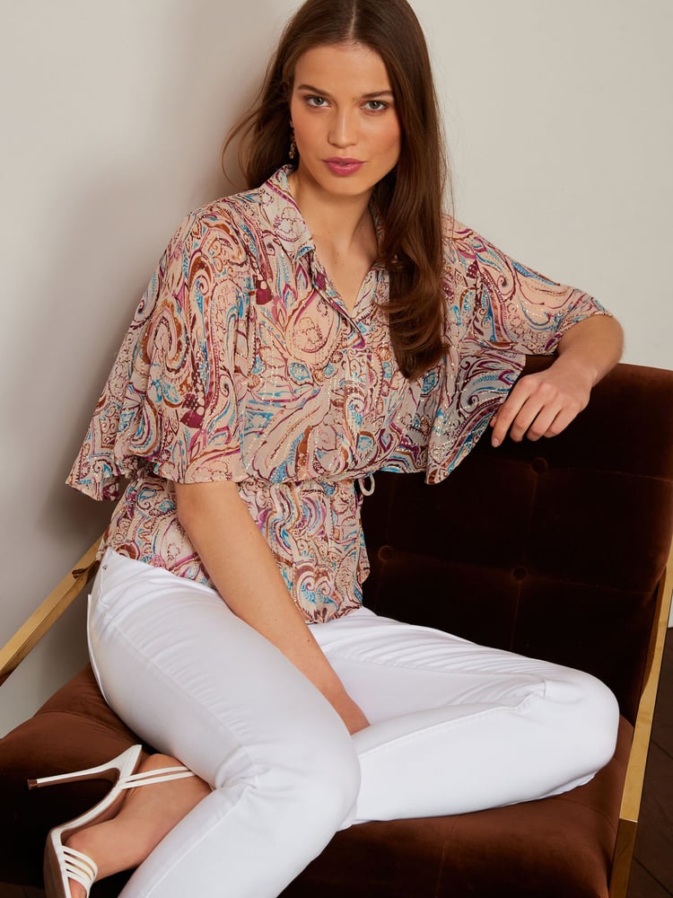 Blush Pink Tie Waist Flutter Short Sleeve Sparkle Blouse - Image 1 of 4