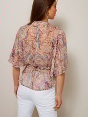 Blush Pink Tie Waist Flutter Short Sleeve Sparkle Blouse - Image 2 of 4
