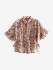Blush Pink Tie Waist Flutter Short Sleeve Sparkle Blouse - Image 4 of 4