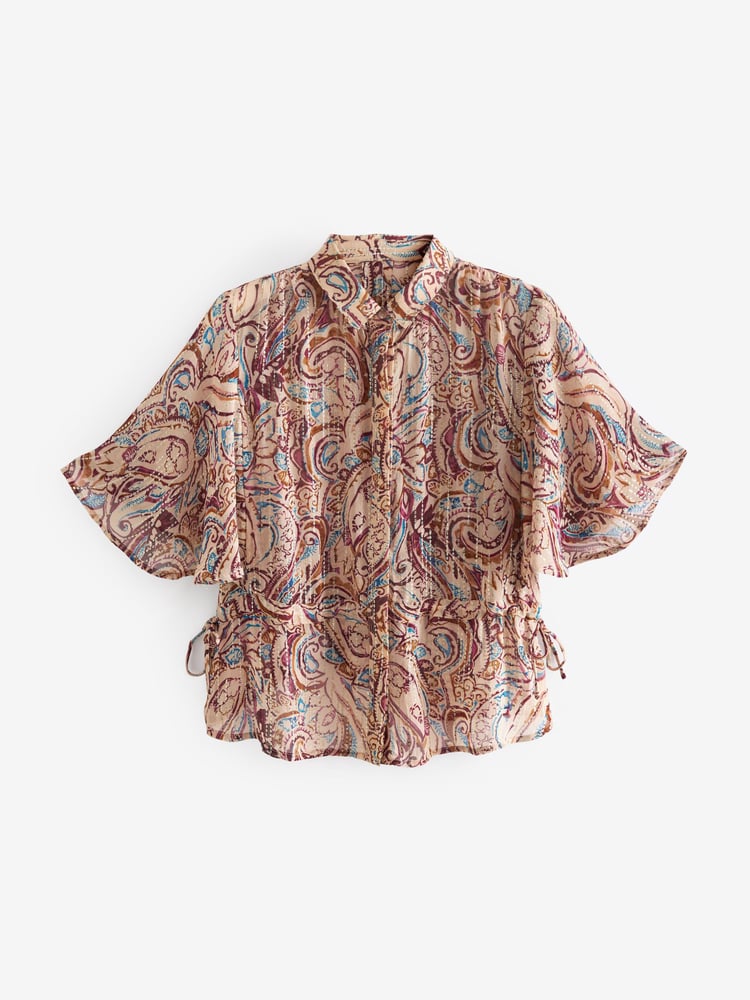 Blush Pink Tie Waist Flutter Short Sleeve Sparkle Blouse - Image 4 of 4