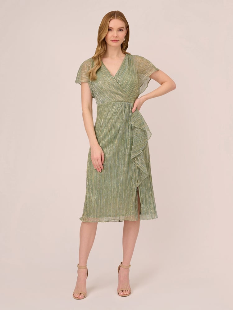 Adrianna Papell Green Metallic Crinkle Midi Dress - Image 1 of 6