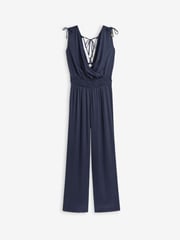 Navy Blue Satin V-Neckline Tie Back Wide Leg Jumpsuit - Image 5 of 5