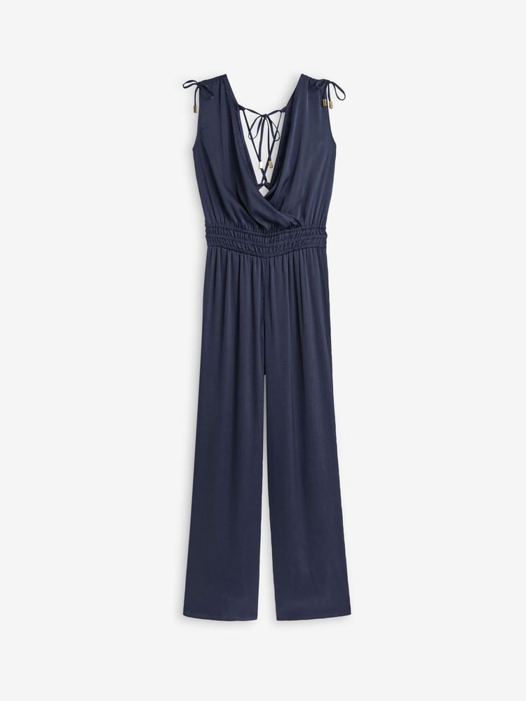 Navy Blue Satin V-Neckline Tie Back Wide Leg Jumpsuit - Image 5 of 5