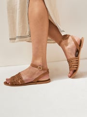 Tan Brown Regular/Wide Fit Forever Comfort® Leather Woven Flat Sandals - Image 1 of 6