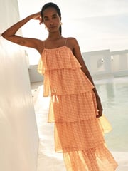Light Pink Geo Gold Foil Occasion Tiered Strappy Midi Dress - Image 1 of 5