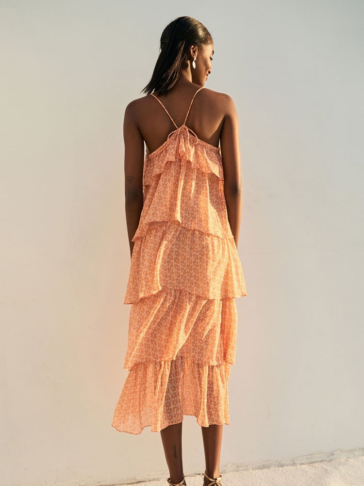 Light Pink Geo Gold Foil Occasion Tiered Strappy Midi Dress - Image 2 of 5