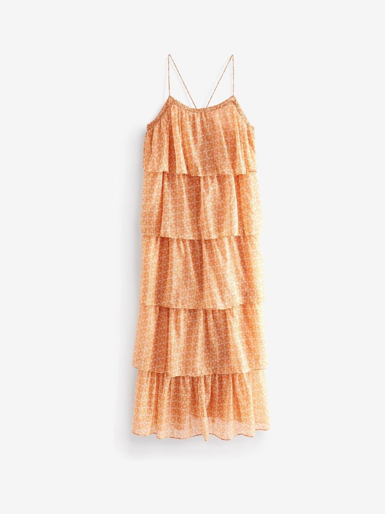 Light Pink Geo Gold Foil Occasion Tiered Strappy Midi Dress - Image 5 of 5